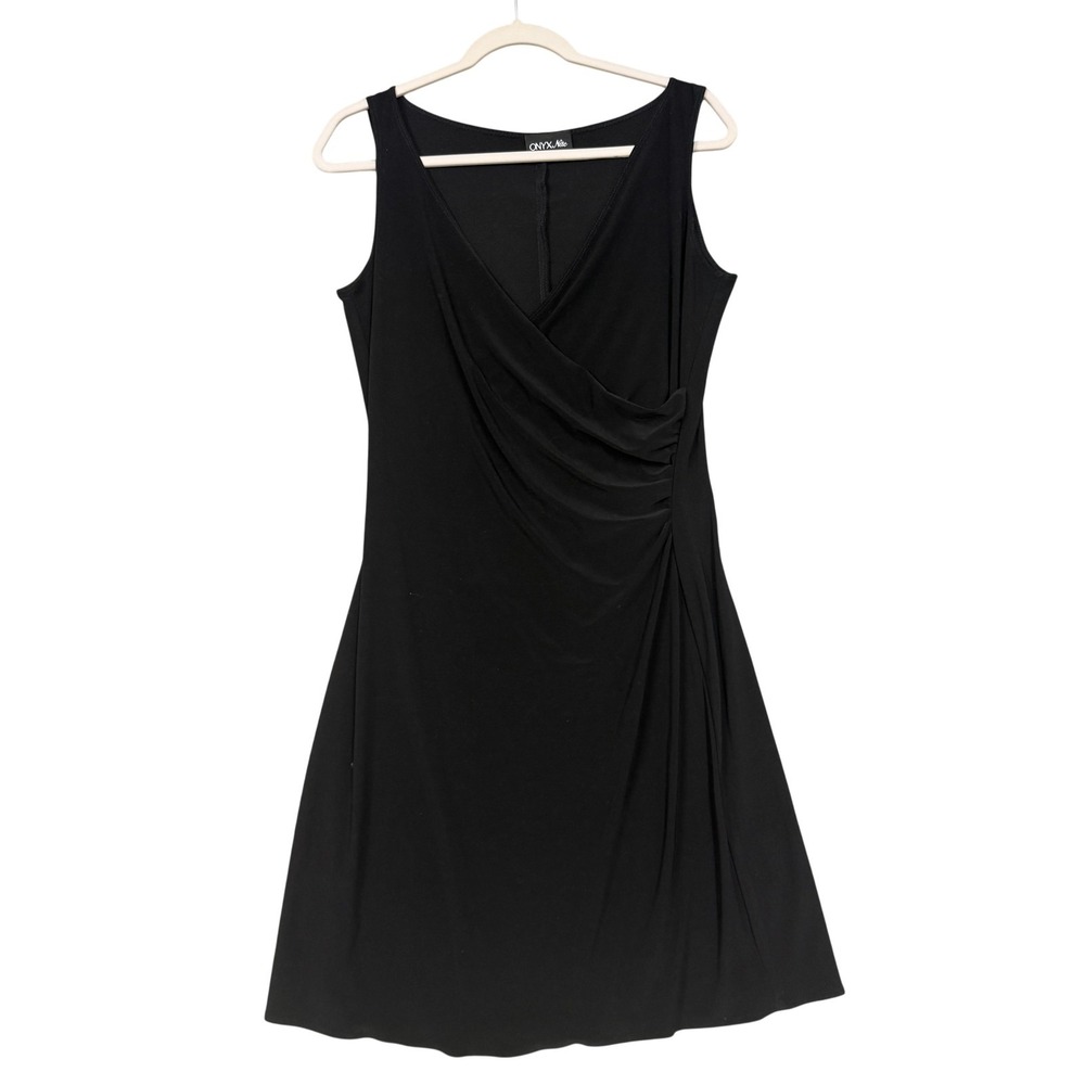 Onyx Nite Dress Womens Medium Black Sleeveless Ruched Wrap Knee Length Cocktail